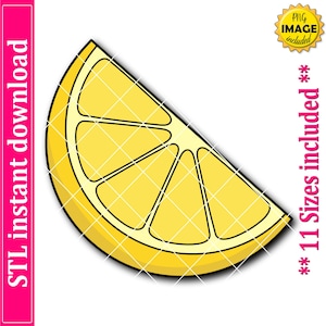 Puede incluir: Ilustración de una rodaja de limón amarillo brillante con contornos negros. La imagen incluye el texto "STL instant download" a la izquierda y "** 11 Sizes included **" a la derecha, y una insignia "PNG IMAGE included".