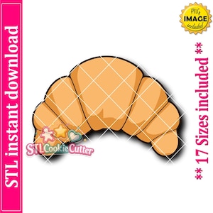 Puede incluir: Una ilustración digital de un croissant de color marrón dorado con un contorno oscuro. La imagen incluye el texto STL instant download, PNG image included y 17 sizes included. Un logotipo con el texto STLCookieCutter es visible abajo.