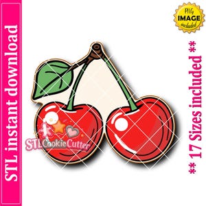 May include: A digital illustration of two bright red cherries with green stems and a single green leaf. The design features a brown stem connection and white highlights on the fruit. Text includes STL instant download, PNG image included, 17 Sizes included, and STL Cookie Cutter.