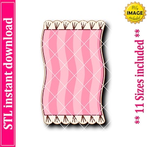 May include: A pink and white patterned blanket design with a scalloped edge. The image includes the text "STL instant download" and "** 11 Sizes included **". A gold starburst graphic indicates a PNG image is included.