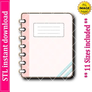 May include: A digital notebook with a pink cover and a spiral binding. The notebook has a white label area and diagonal blue stripes. The text "STL instant download" is on the left side, and "** 11 Sizes included **" is on the right.
