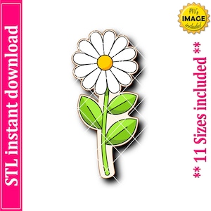 Puede incluir: Una margarita de dibujos animados con pétalos blancos y un centro amarillo, hojas y tallo verdes. La imagen incluye el texto "STL instant download" y "11 Sizes included". Una insignia de "PNG image included" está en la esquina superior derecha.