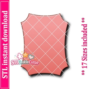 Op de afbeelding: Een zalmkleurige koekjesvorm met een rechthoekige vorm met holle zijden en puntige hoeken. De afbeelding bevat de tekst STL instant download en 17 Sizes included, samen met een logo met een ster, hart en bloem.