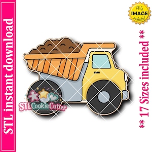 May include: A digital illustration of a yellow and orange dump truck with a brown load in the bed, featuring large black wheels and a light blue window. The image includes text stating STL instant download, PNG image included, and 17 sizes included.
