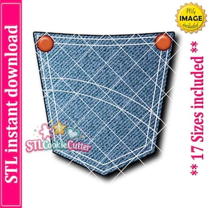 Könnte beinhalten: Eine blaue Jeans-Taschengrafik mit weißen Ziernähten und zwei orangefarbenen Nieten an den oberen Ecken. Das Bild enthält Text mit den Angaben STL instant download, PNG image included, 17 sizes included sowie das STLCookieCutter-Logo.