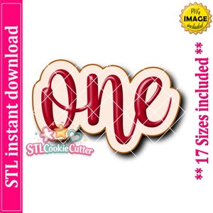 Puede incluir: Un cortador de galletas con la forma de la palabra one en letra cursiva. El cortador tiene un contorno beige claro y un interior rojo oscuro. El texto en la imagen incluye STL instant download, 17 Sizes included y STLCookieCutter.