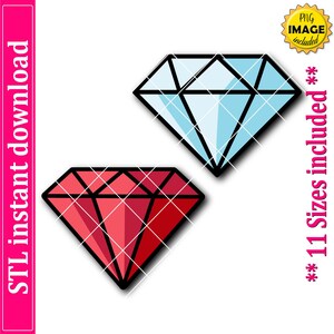 May include: Two diamond illustrations, one red and one light blue, with black outlines. The image includes the text "STL instant download" on a pink vertical bar and "** 11 Sizes included **" in the right corner.