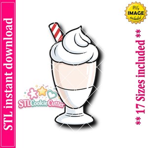 May include: A digital illustration of a milkshake in a glass with a red and white striped straw and a swirl of whipped cream on top. The text reads STL instant download, PNG IMAGE included, and 17 Sizes included with the logo STLCookieCutter.