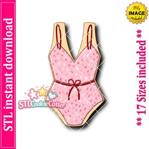 May include: A pink one-piece swimsuit cookie cutter with white polka dots, thin red straps, and a red bow at the waist. The design includes the text STL instant download, PNG image included, 17 Sizes included, and STLCookieCutter.