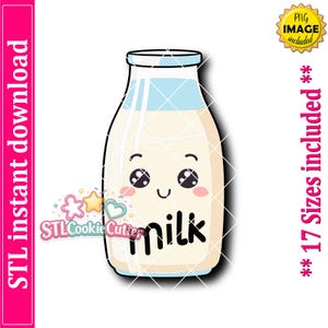 May include: A digital illustration of a milk bottle with a light blue cap and a cream-colored body. The bottle features a cartoon face with large black eyes, a small smile, and pink cheeks. The word milk is written in black lowercase letters.