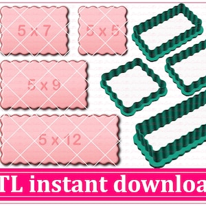 以下が含まれることがあります： ピンクとグリーンのクッキーカッターが9種類。カッターは丸みを帯びた角と波打った縁を持つ長方形の形をしています。サイズは5x7、5x5、5x9、5x12と表示されています。