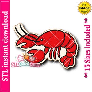 May include: A red lobster cookie cutter design featuring a cartoon-style crustacean with black outlines. The image includes text stating STL instant download, PNG image included, and 15 sizes included, with a small star and heart icon.