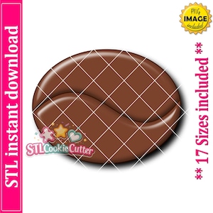 May include: A brown coffee bean shaped cookie cutter with a smooth surface and a central curved indentation. The image includes text stating STL instant download, 17 sizes included, and PNG image included, along with a logo reading STLCookieCutter.