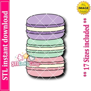 Puede incluir: Una ilustración digital de una pila de tres macarons en morado, verde menta y rosa claro, cada uno con un relleno color crema. La imagen incluye el texto STL instant download, PNG image included y 17 Sizes included.