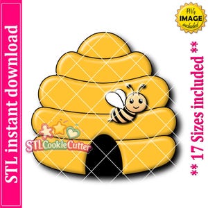 May include: A yellow beehive-shaped cookie cutter design featuring a small cartoon bee with black and yellow stripes and white wings. The graphic includes the text STL Cookie Cutter, PNG image included, and 17 sizes included in the layout.