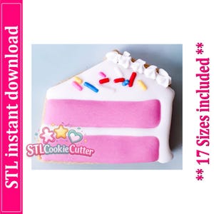 May include: A triangular slice of cake cookie decorated with white icing, two horizontal pink stripes, and colorful sprinkles. The top edge features white piped icing dollops. Text on the image reads STL instant download and 17 Sizes included.