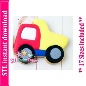 May include: A truck-shaped cookie cutter with a red cab, a yellow bed, a blue chassis, and black wheels with grey centers. The image includes the text STL instant download and 17 Sizes included, along with a logo featuring a star and heart.