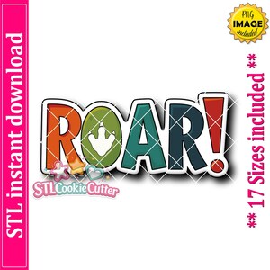 Op de afbeelding: Een digitale afbeelding met het woord ROAR! in dikke, gekleurde letters. De R is oranje, de O is groen met een witte dinosaurusvoetafdruk, de A is blauwgroen en de R is donkerblauw. Een rood uitroepteken maakt het tekstontwerp compleet.