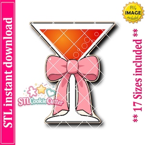 Peut inclure: Un graphique numérique représentant un verre à martini rempli de liquide orange, orné d'un grand nœud rose attaché autour de la tige. L'image contient le texte STL instant download, PNG image included et 17 Sizes included.