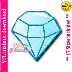 May include: A light blue diamond-shaped cookie cutter graphic with dark blue outlines and white highlights. The image includes the text STL instant download, 17 Sizes included, PNG image included, and the logo for STLCookieCutter.