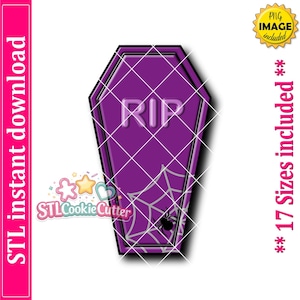 May include: A purple coffin-shaped cookie cutter with a raised RIP inscription at the top and a spider web design with a small black spider at the bottom. The design features a thick border and is presented as a digital file for 3D printing.