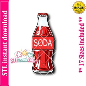 May include: A digital illustration of a classic glass soda bottle filled with a dark red liquid. The bottle features a prominent red rectangular label across the center with the word SODA printed in bold white capital letters.