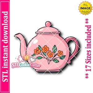 May include: A pink teapot illustration featuring a floral pattern with orange flowers and green leaves. The design includes a lid, a curved spout, and a handle. Text on the image reads STL instant download, STL Cookie Cutter, and 17 Sizes included.