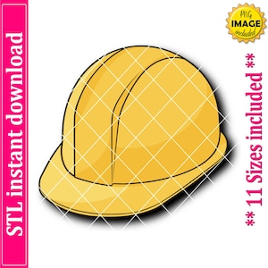 Puede incluir: Un casco de construcción amarillo con un contorno negro. La imagen incluye el texto "STL instant download" a la izquierda y "** 11 tamaños incluidos **" a la derecha. Una insignia de "PNG IMAGE included" está en la esquina superior derecha.