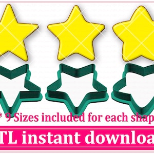May include: Nine sizes of star-shaped cookie cutters, three in yellow and three in green. The text "*** 9 Sizes included for each shape***" and "STL instant download" is visible.