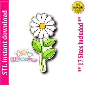 Può includere: Un design per tagliabiscotti a forma di margherita con un fiore bianco dal centro giallo, uno stelo verde e due foglie verdi. L'immagine include il testo STL instant download, STL Cookie Cutter, PNG image included e 17 Sizes included.