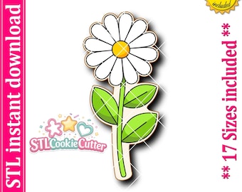 May include: A daisy cookie cutter design featuring a white flower with a yellow center, a green stem, and two green leaves. The image includes the text STL instant download, STL Cookie Cutter, PNG image included, and 17 Sizes included.