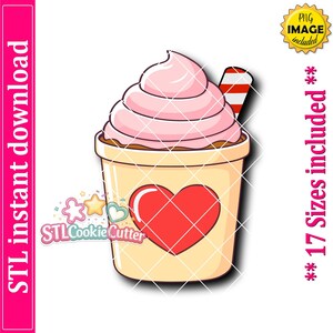 May include: A digital illustration of a cup filled with a light brown beverage topped with a swirl of pink whipped cream and a red and white striped straw. The cup is light yellow and features a large red heart graphic on the front center.