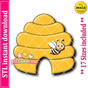 May include: A yellow beehive-shaped cookie cutter design with a small bee illustration on the front. The image includes text stating STL instant download, PNG image included, and 17 sizes included, overlaid with a white grid pattern.