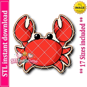 May include: A red crab cookie cutter design featuring two large claws, six legs, and two black eyes. The image includes text stating STL instant download, PNG image included, and 17 sizes included, with a logo for STLCookieCutter.