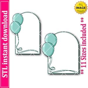 May include: Two teal balloon arch frames with a white background. The frames have a dark teal outline and are decorated with two teal balloons. The text "STL instant download" is on the left side and "11 Sizes included" is on the right side.
