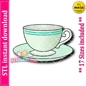 May include: A light mint green teacup and saucer cookie cutter design featuring two horizontal teal stripes on the cup and a curved handle. The image includes text stating STL instant download, PNG image included, and 17 sizes included.
