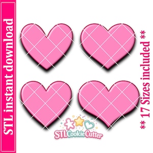 May include: Four pink heart-shaped cookie cutters arranged in a grid. The text on the left reads STL instant download and the text on the right reads 17 Sizes included. A logo at the bottom reads STLCookieCutter with a star and heart icon.