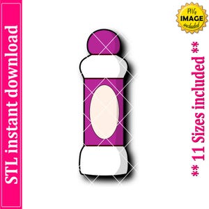 May include: A vector illustration of a purple and white bottle with an oval center. The image includes the text "STL instant download" on the left and "** 11 Sizes included **" on the right, along with a "PNG image included" badge.