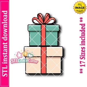 May include: A digital illustration of two stacked gift boxes with a red ribbon and bow on top. The top box is teal and the bottom box is light beige. The image includes text stating STL instant download, PNG image included, and 17 sizes included.