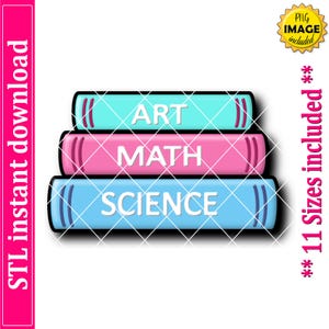 以下が含まれることがあります： 「ART」「MATH」「SCIENCE」の文字が背表紙に書かれた3冊の本のスタック。本は青とピンクの色合いで、白いグリッドパターンが重ねられています。画像には「STL instant download」と「PNG image included」というテキストが含まれています。