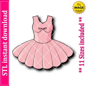 Könnte beinhalten: Rosafarbene Illustration eines Ballettkleides mit Schleife am Oberteil und ausgestelltem Rock. Das Bild enthält den Text "STL instant download" links und "** 11 Sizes included **" rechts, mit einem "PNG image included"-Abzeichen.