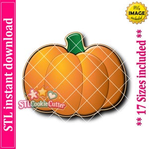 May include: A digital illustration of a pumpkin cookie cutter with a bright orange body and a green stem. The image includes text stating STL instant download, 17 Sizes included, and PNG image included, with a logo reading STLCookieCutter.