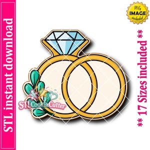 May include: A digital graphic of two interlocking gold rings, one topped with a light blue diamond, accented by green leaves and small stars. The text reads STL instant download, PNG image included, and 17 Sizes included.