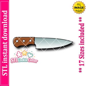 May include: A kitchen knife cookie cutter design featuring a brown handle with three circular rivets and a silver blade. The image includes text stating STL instant download, PNG image included, and 17 Sizes included, with a logo for STLCookieCutter.