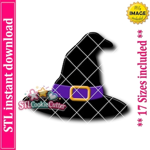 May include: A black witch hat cookie cutter design featuring a purple band and a yellow buckle. The graphic includes the text STL Cookie Cutter, PNG image included, 17 sizes included, and STL instant download on a white background.