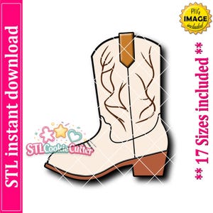 May include: A digital illustration of a cowboy boot cookie cutter in cream with brown accents, featuring a brown heel and pull tab. The design includes brown decorative stitching lines on the shaft. The graphic includes the text STL Cookie Cutter.