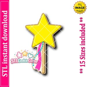 May include: A yellow star-shaped cookie cutter with a gold outline, attached to a brown stick. A pink and white ribbon with blue beads hangs from the star. The text "STL instant download" is on the left, and "15 Sizes included" is on the right.