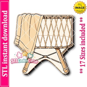 May include: A digital illustration of a baby bassinet with a light tan blanket draped over the side. The bassinet features a woven lattice pattern and a sturdy X-shaped base. The image includes text stating STL instant download, PNG image included, and 17 sizes included.