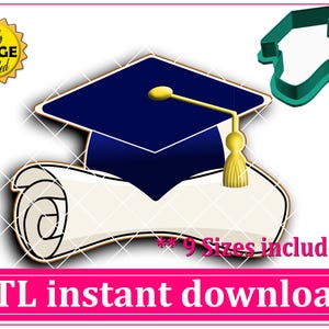 Cortador de galletas con diploma y birrete de graduación, archivo STL, descarga instantánea