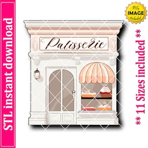May include: Illustration of a patisserie shop with a beige and white facade. The shop has a striped awning, a display window with pastries, and the word "Patisserie" above the door. The image includes the text "STL instant download" and "11 Sizes included".